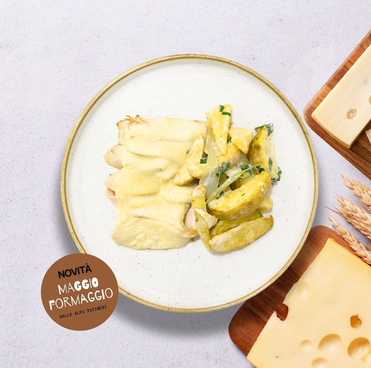 Fesa di tacchino al formaggio Gottardo e patate lionesi
